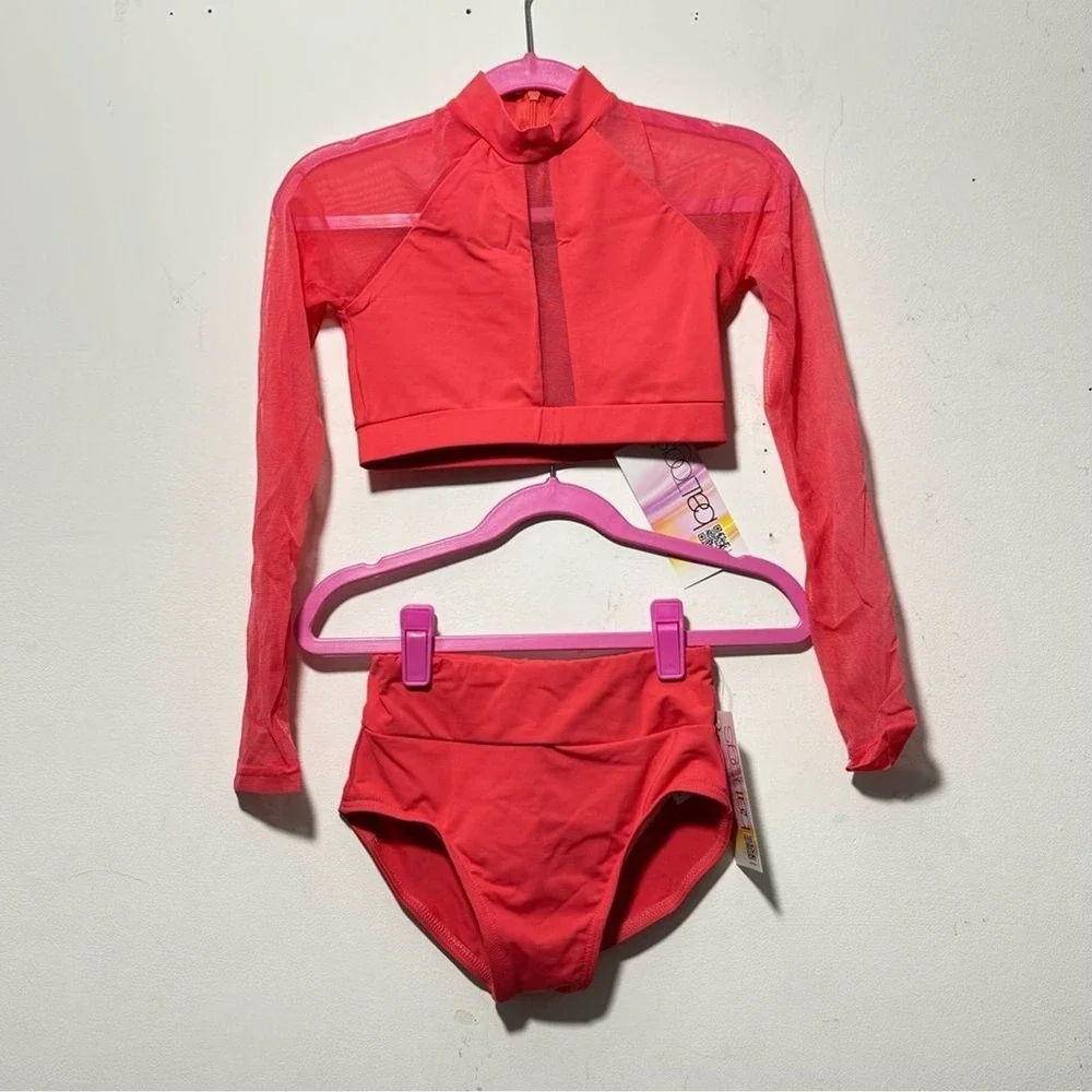 BalTogs High-Waist Mesh Crop Top and Briefs Set Coral Salmon Dance‎ Dancewear